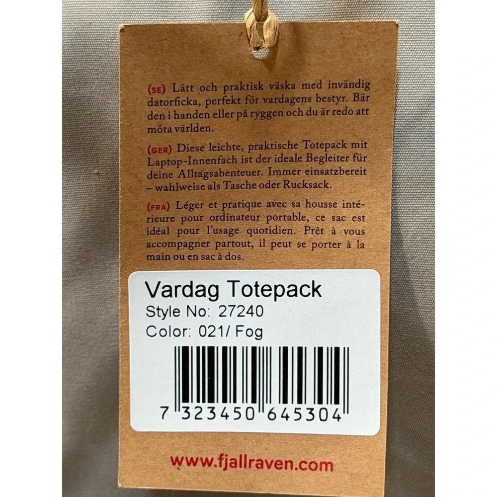 Fjallraven‎ Vardag Totepack Fog Grey Convertible Backpack Tote Bag 27240 NEW